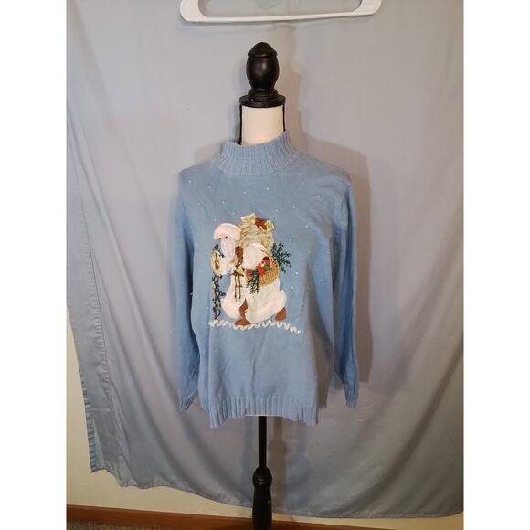 Quacker Factory; blue winter pullover sweater with Christmas theme. - Picture 1 of 7